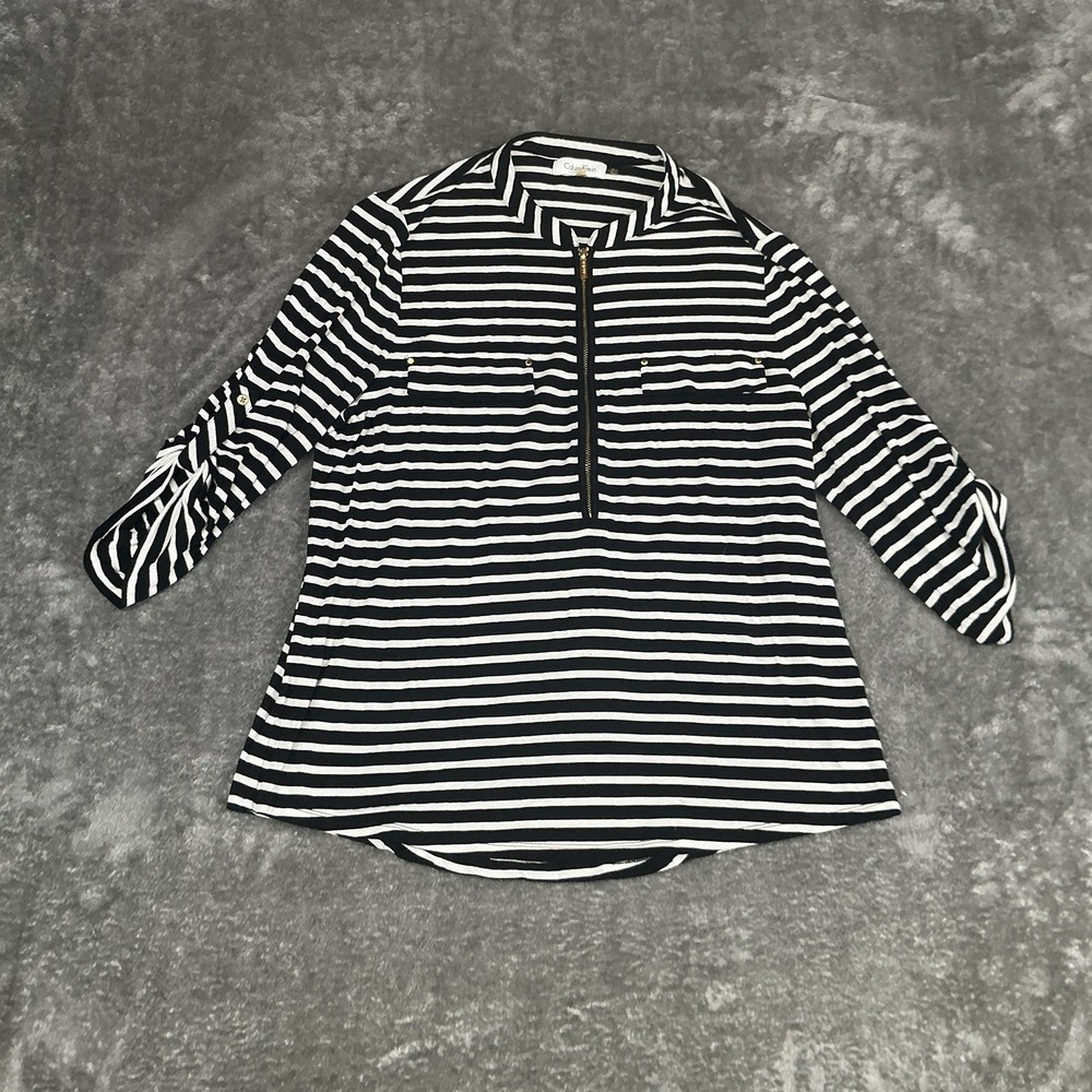 Calvin Klein Striped Half Zip Top Roll Tab Sleeve Casual Black White Large